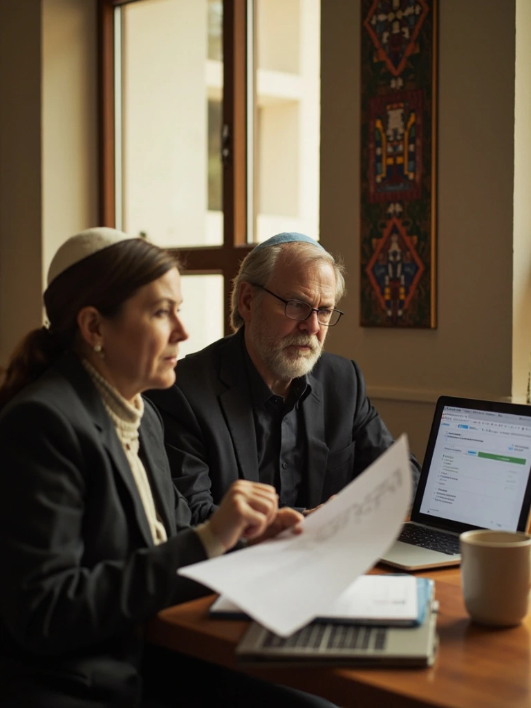 Two synagogue administrators reviewing a migration checklist at their desk